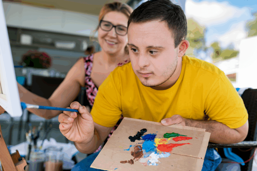 A young man with Down's Syndrome attends an art class.